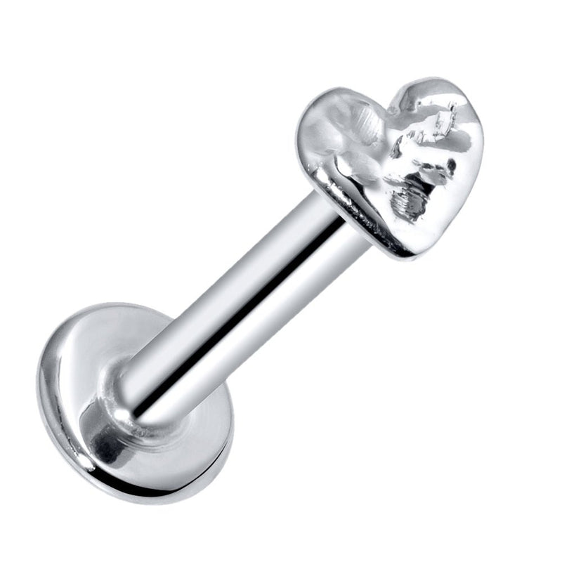14k white gold hammered heart flat back labret, angled view showing cool silver tone and artisan-hammered heart charm
