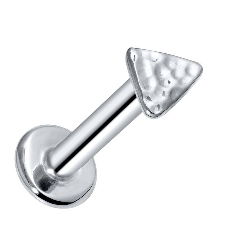 14k white gold hammered triangle flat back labret stud, angled view showing post and flat disc backing