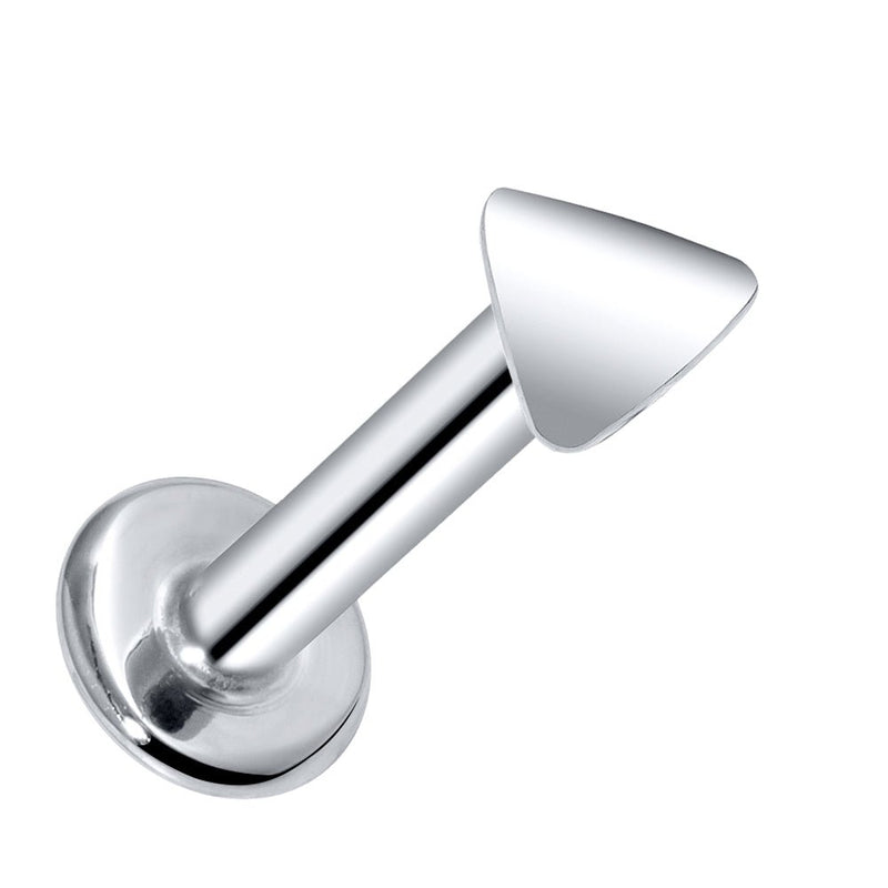 14k white gold 3mm triangle flat back labret stud, angled view showing high-polish silver-toned finish