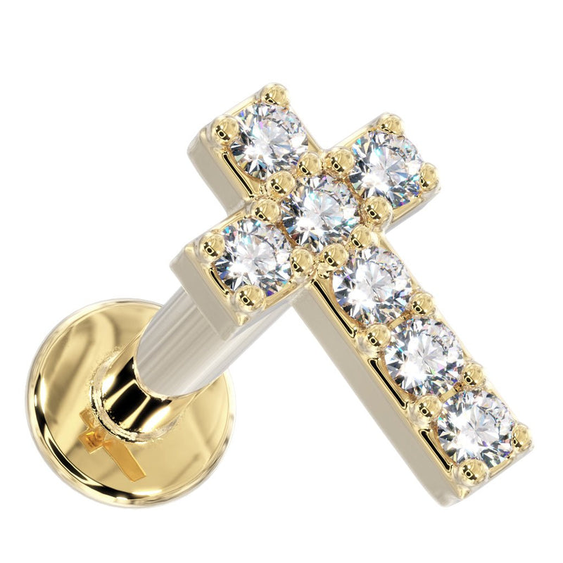 14k yellow gold diamond cross flat back labret stud, angled view showing 7-stone setting and flat disc back
