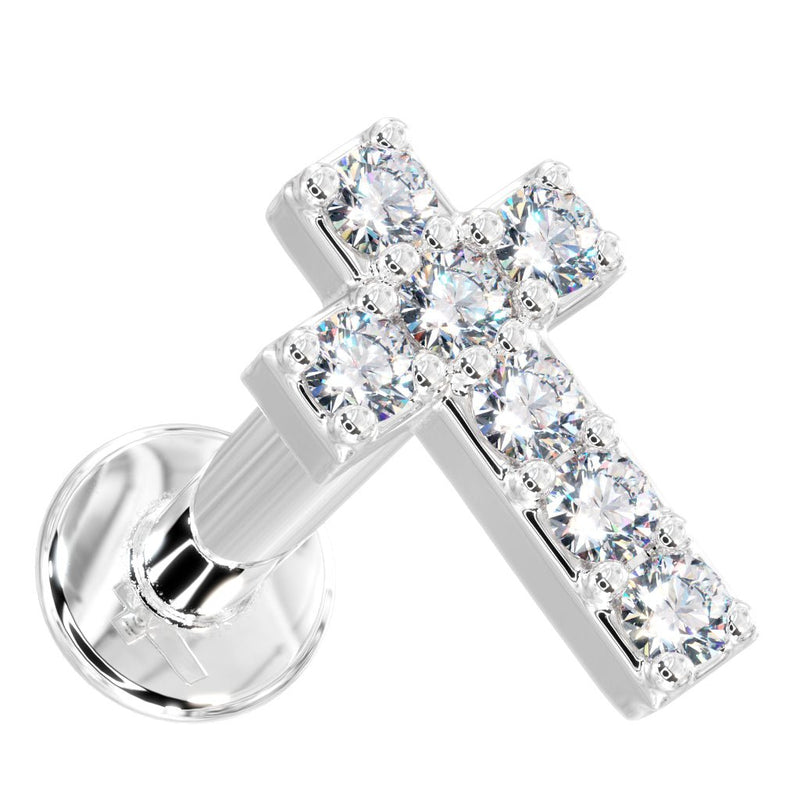 14k white gold diamond cross flat back labret stud, angled view showing 7-diamond setting and polished disc