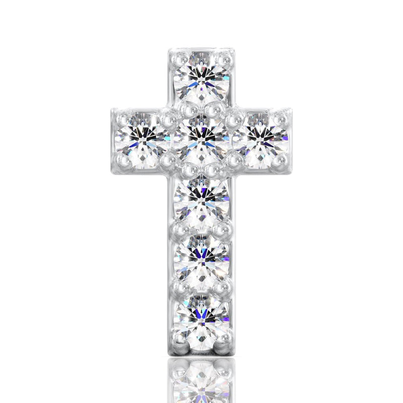 Close-up front view of 14k white gold cross stud showing all 7 prong-set round diamonds in cross formation