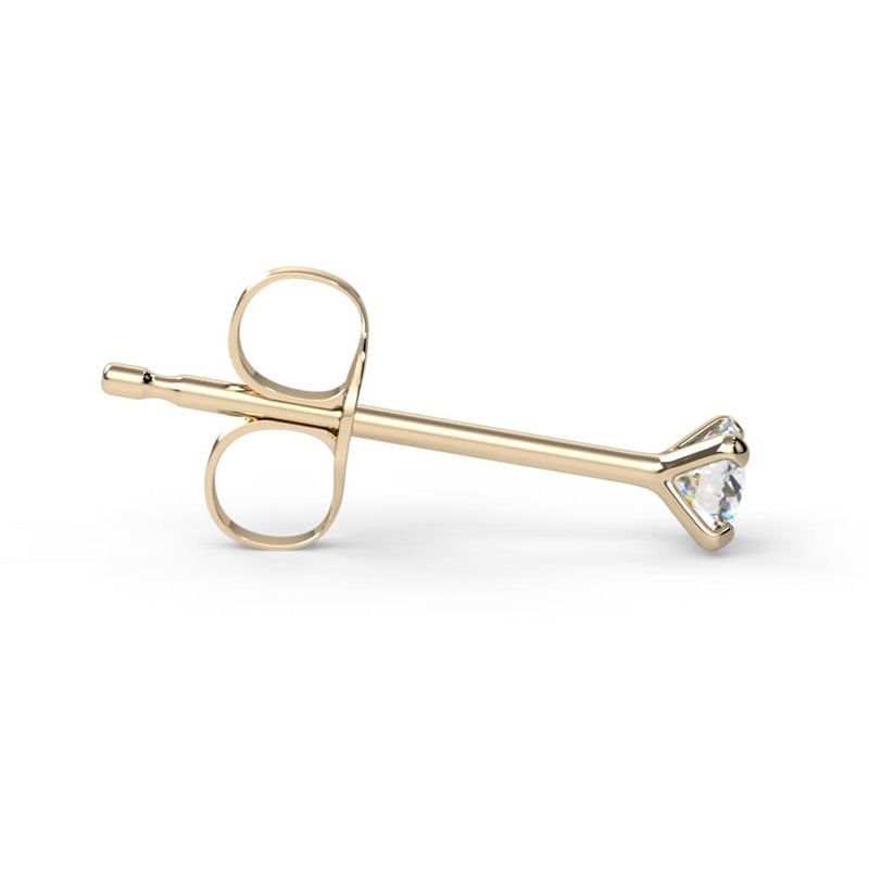 Side profile of 14K yellow gold diamond stud earring showing post length and butterfly backing