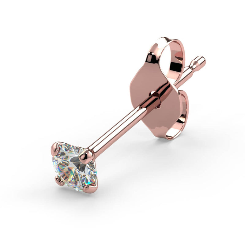 Angled view of 14K rose gold diamond prong-set stud earring with butterfly backing detail