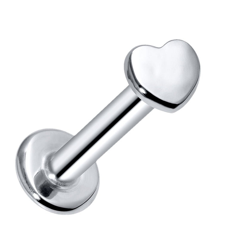14k white gold tiny heart flat back labret showing polished silver-toned heart charm and disc, side view