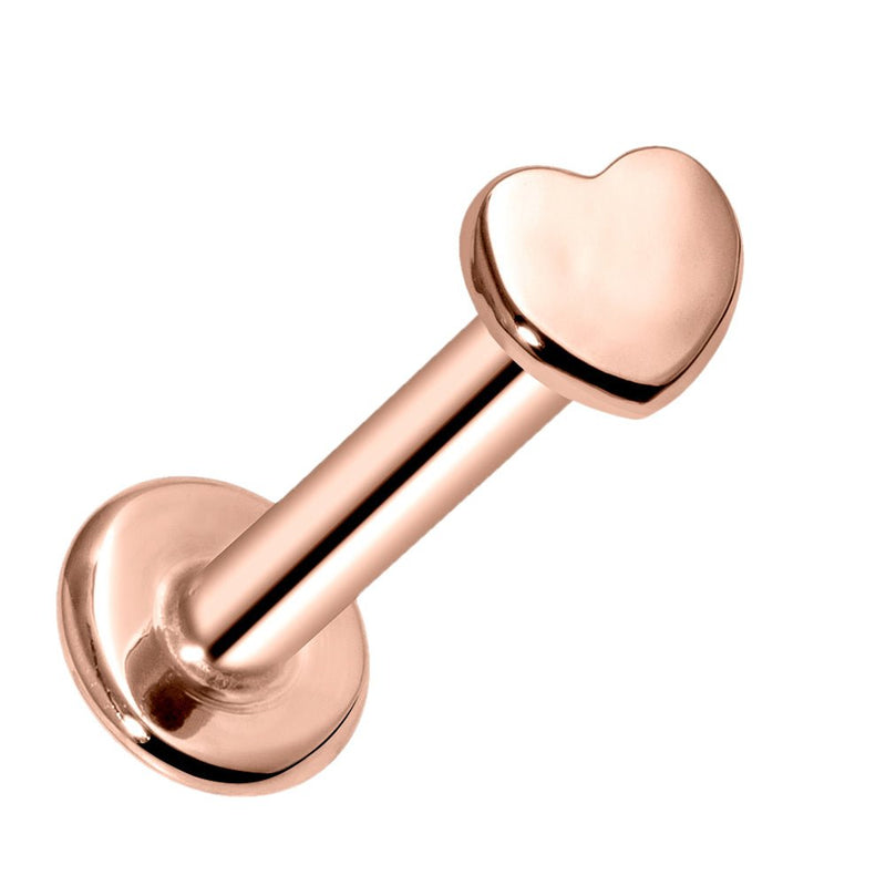 14k rose gold tiny heart flat back labret with warm pink-toned polished heart charm and disc, side view