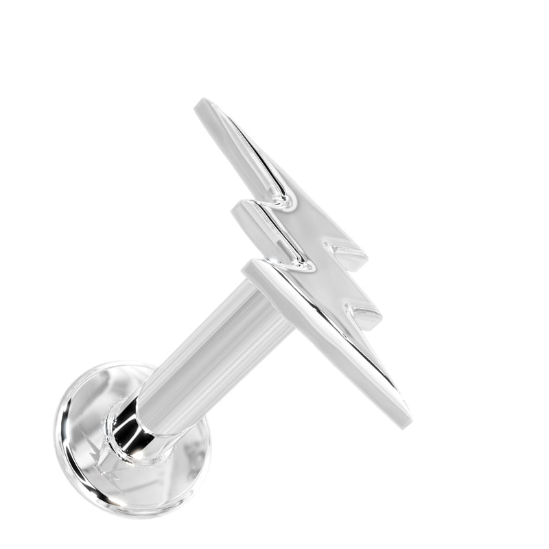 14k white gold tiny lightning bolt labret stud, overhead-angle view showing bolt shape and flat back