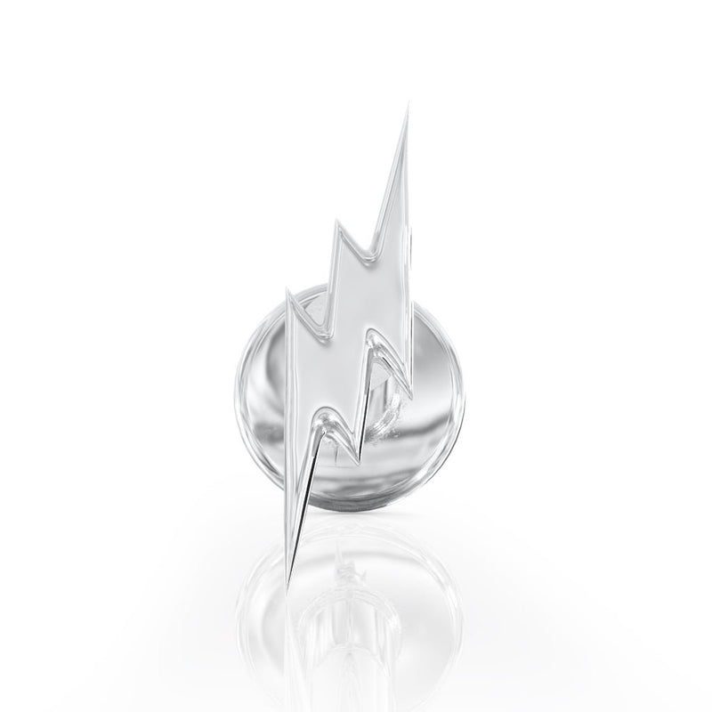 Front-on close-up of 14k white gold lightning bolt stud showing bold bolt shape and hand-polished surface