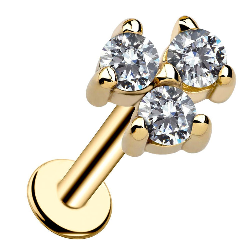14k yellow gold triple diamond flat back labret, front-facing view showing prong cluster detail on white background
