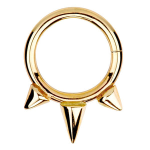 14K yellow gold triple spike seamless seam ring, front view showing three pointed spikes