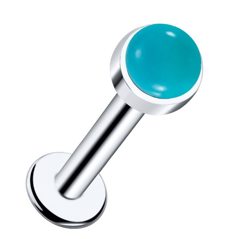 14k white gold flat back labret with 3mm turquoise cabochon, angled front view