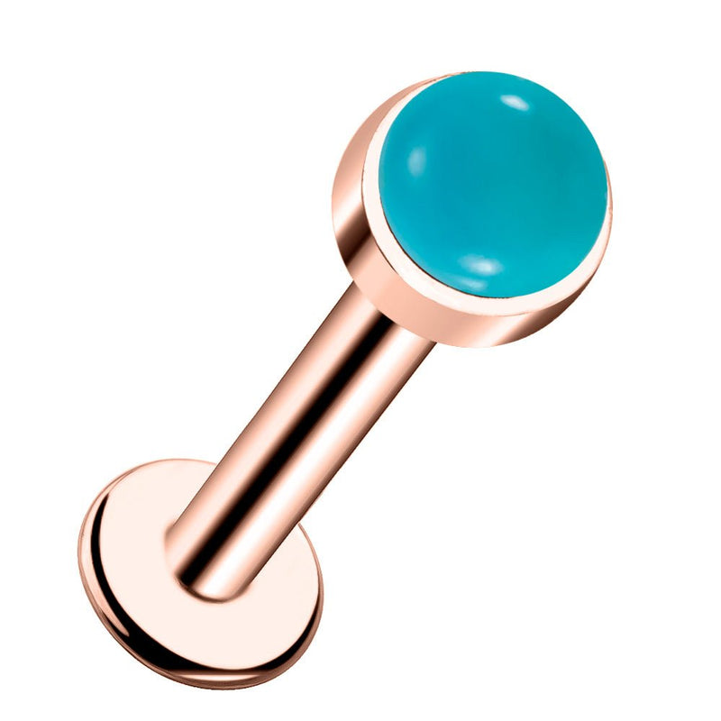 14k rose gold flat back labret with 3mm turquoise cabochon, angled front view