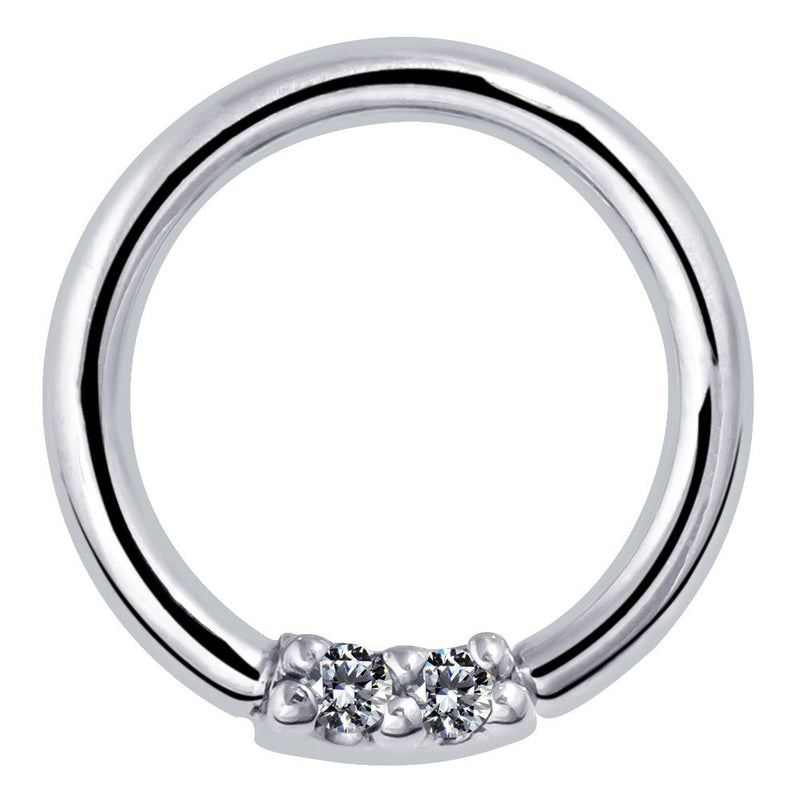 950 platinum seamless hoop with twin prong-set diamonds, front view on white background