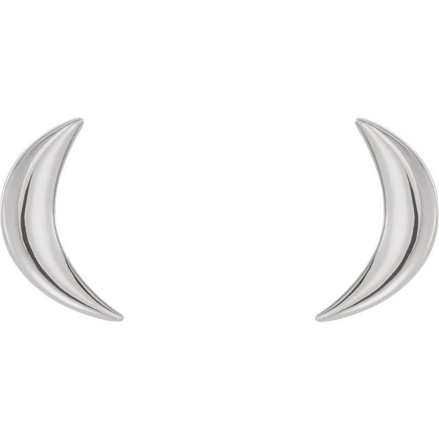 14k white gold crescent moon stud earrings, front view of pair showing high-polish finish