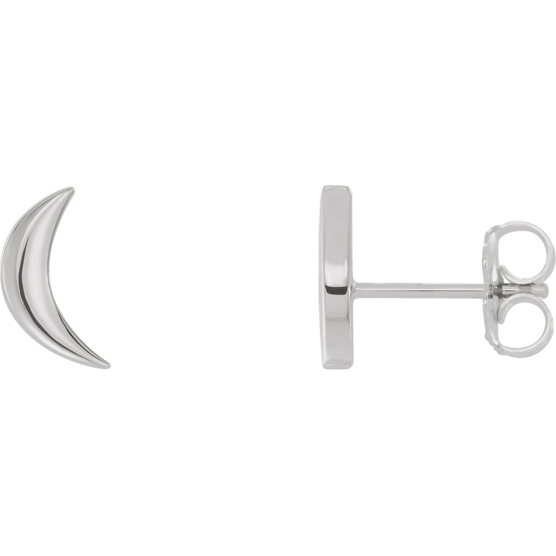 14k white gold crescent moon stud earrings showing front view and side profile with push-back post