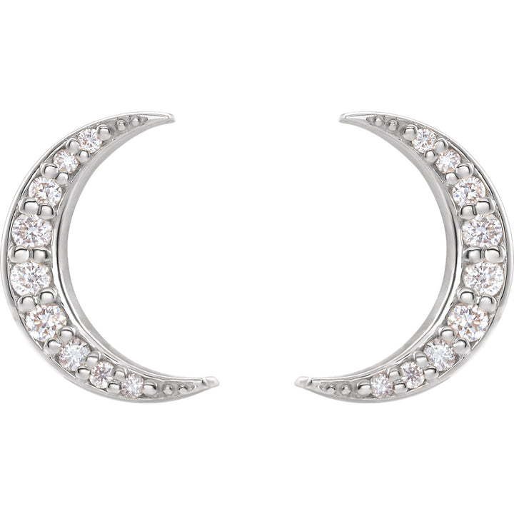 Diamond Crescent Moon 14k Gold Stud Earrings-White Gold