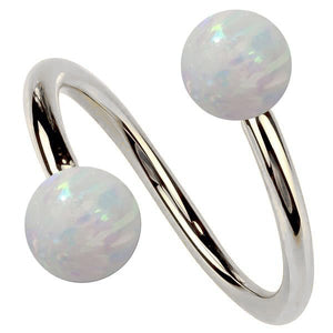 14k white gold twister spiral barbell with iridescent simulated opal ball ends, front view