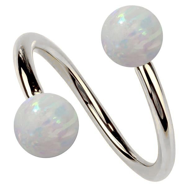 14k white gold twister spiral barbell with iridescent simulated opal ball ends, front view