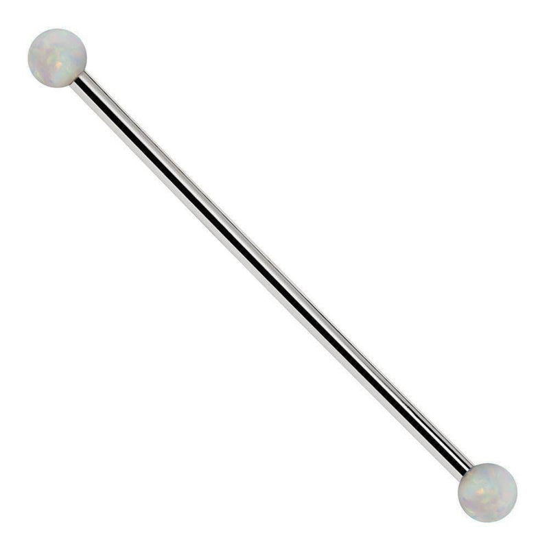 14k white gold industrial barbell with white synthetic opal ball ends, front view