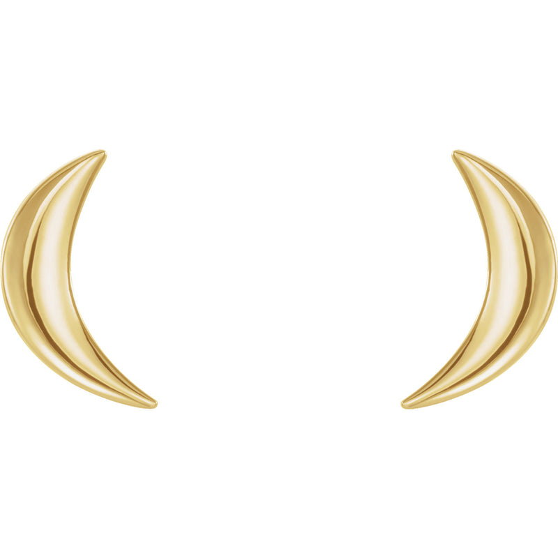 14k yellow gold crescent moon stud earrings, front view of both pieces showing sculptural curved shape