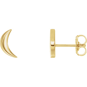 14k yellow gold crescent moon stud earrings showing front view and side profile with push-back post
