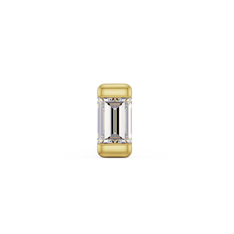 14k yellow gold baguette diamond threadless end, front view showing step-cut VS1 diamond in bar setting