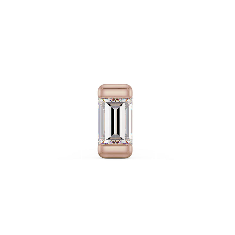14k rose gold baguette diamond threadless push pin end, front view in smaller size, warm blush metal tone