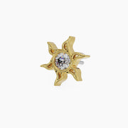 14k yellow gold sunburst CZ threadless end, angled view showing push-pin post detail