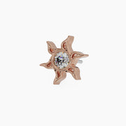 14k rose gold sunburst threadless stud end with CZ center, angled view showing push-pin post