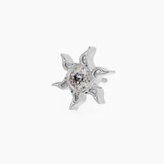 14k white gold sunburst threadless stud end with CZ center, angled view showing post