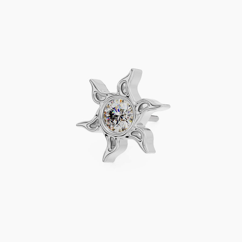 14k white gold sunburst threadless stud end with CZ center, angled view showing post