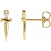 14K yellow gold diamond dagger stud earrings shown front and side profile with butterfly backs