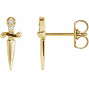 14K yellow gold diamond dagger stud earrings shown front and side profile with butterfly backs