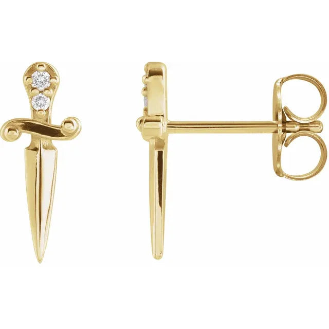 14K yellow gold diamond dagger stud earrings shown front and side profile with butterfly backs