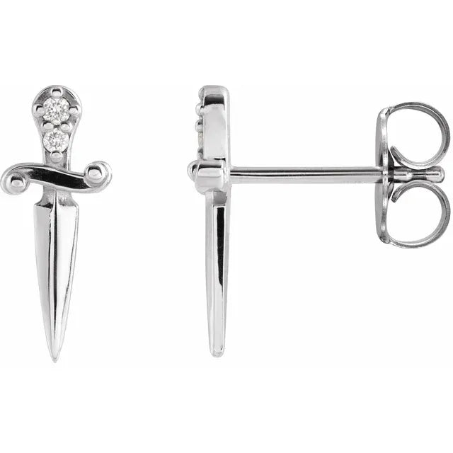 14K white gold diamond dagger studs shown front and side with push-back posts visible