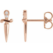 14K rose gold diamond dagger stud earrings front and side view with butterfly backs