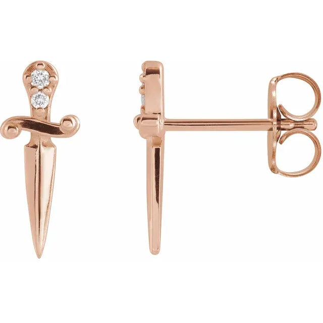 14K rose gold diamond dagger stud earrings front and side view with butterfly backs