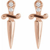 Pair of 14K rose gold dagger earrings front view showing scrolled guard and diamond hilt detail