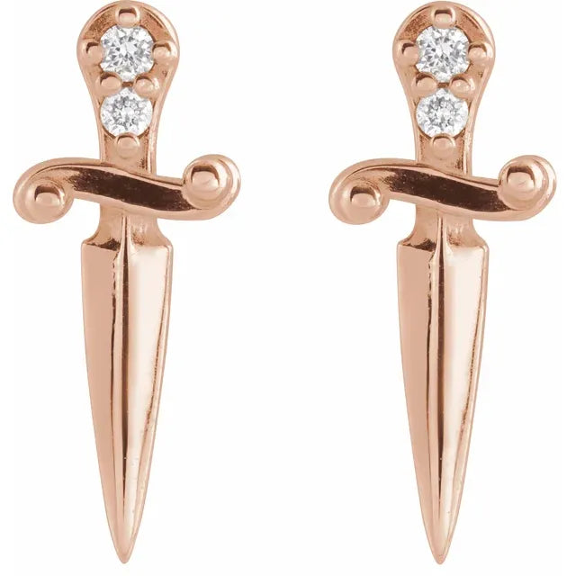 Pair of 14K rose gold dagger earrings front view showing scrolled guard and diamond hilt detail