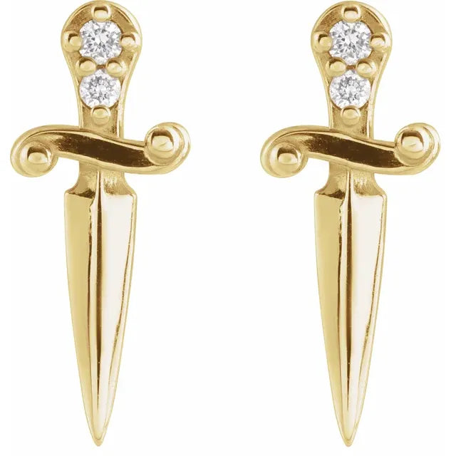 Pair of 14K yellow gold dagger earrings front view showing two-diamond hilt detail