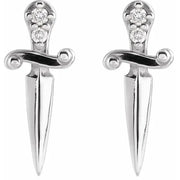 14K white gold dagger earrings front view highlighting polished blade and diamond-set hilt
