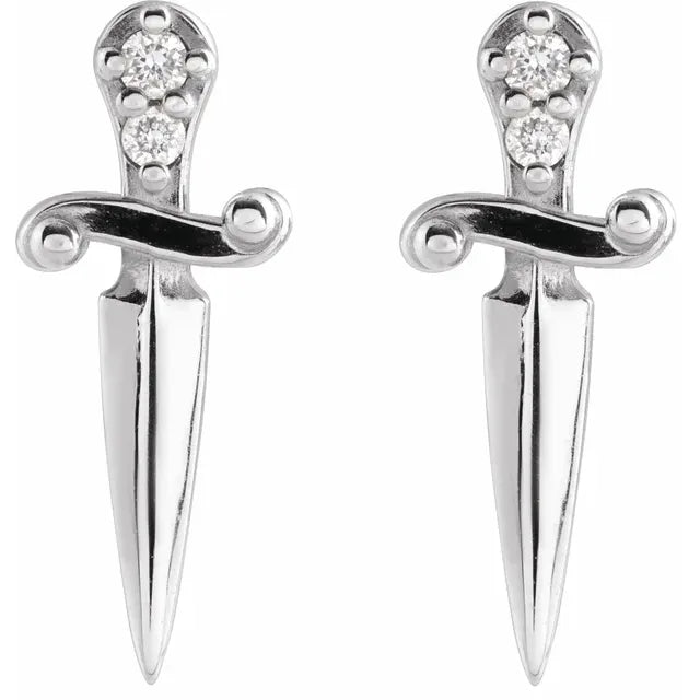 14K white gold dagger earrings front view highlighting polished blade and diamond-set hilt