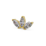 Side-angled view of 14k yellow gold marquise lotus threadless piercing stud end with CZ stones