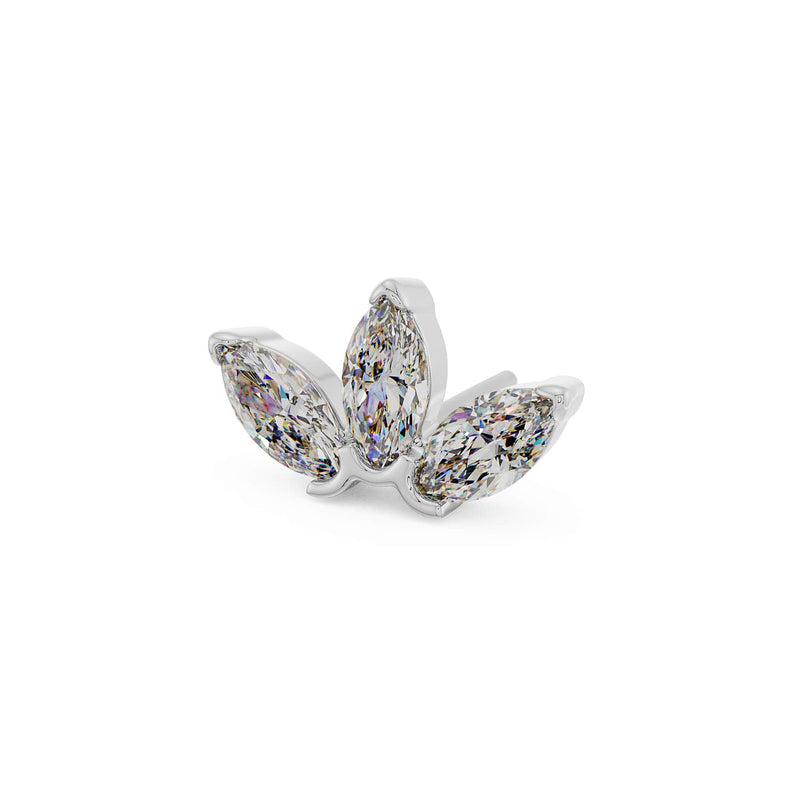 Side-angled view of 14k white gold three-marquise lotus threadless piercing stud end
