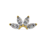 14k yellow gold marquise fan threadless stud end with four CZ stones, front view