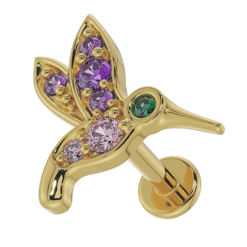 14K yellow gold hummingbird labret earring showing flat back post and disc backing, angled side view