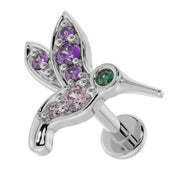 14K white gold hummingbird labret earring with flat back disc visible from angled side perspective