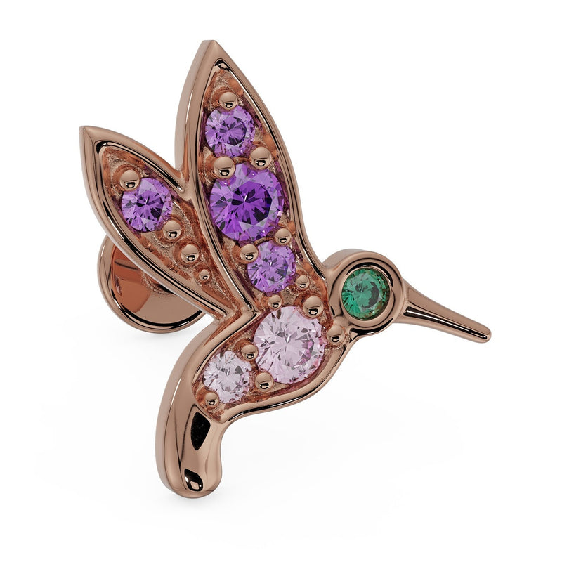 14K rose gold hummingbird flat back earring with amethyst, pink sapphire, and emerald stones, front view