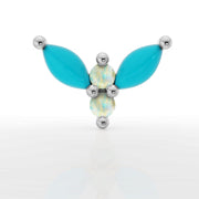 14k white gold firefly threadless stud end with turquoise marquise wings and iridescent white opal