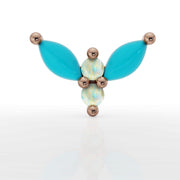 14k rose gold firefly threadless stud end with turquoise marquise wings and white opal cabochons